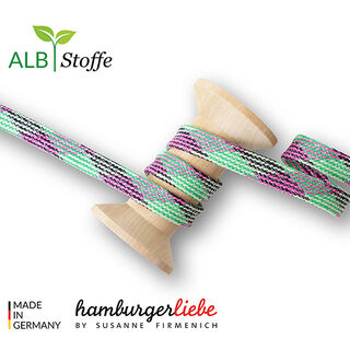 GOTS Cordon tressé bio TWIST ME Plaid [24 mm] | Albstoffe – vert fluo/rose vif, 