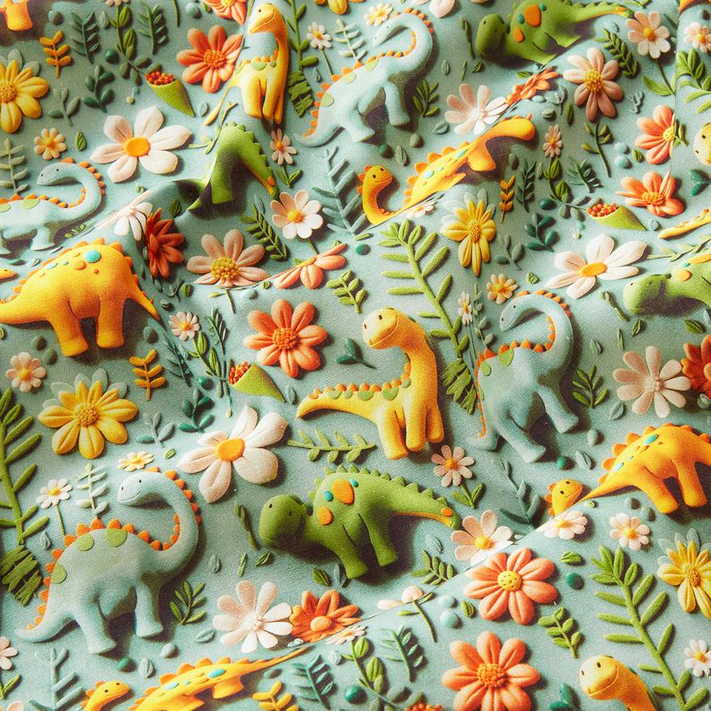 Popeline coton Dinosaures en pâte à modeler Impression numérique – roseau,  image number 2