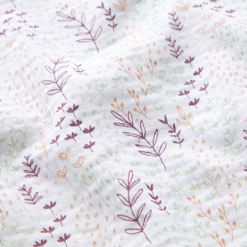 Tissu double gaze de coton Vrilles de feuilles – blanc/aubergine,  image number 2