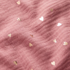 Tissu double gaze de coton Cœurs Imprimé feuille | by Poppy vieux rose foncé/or métallisé, 
