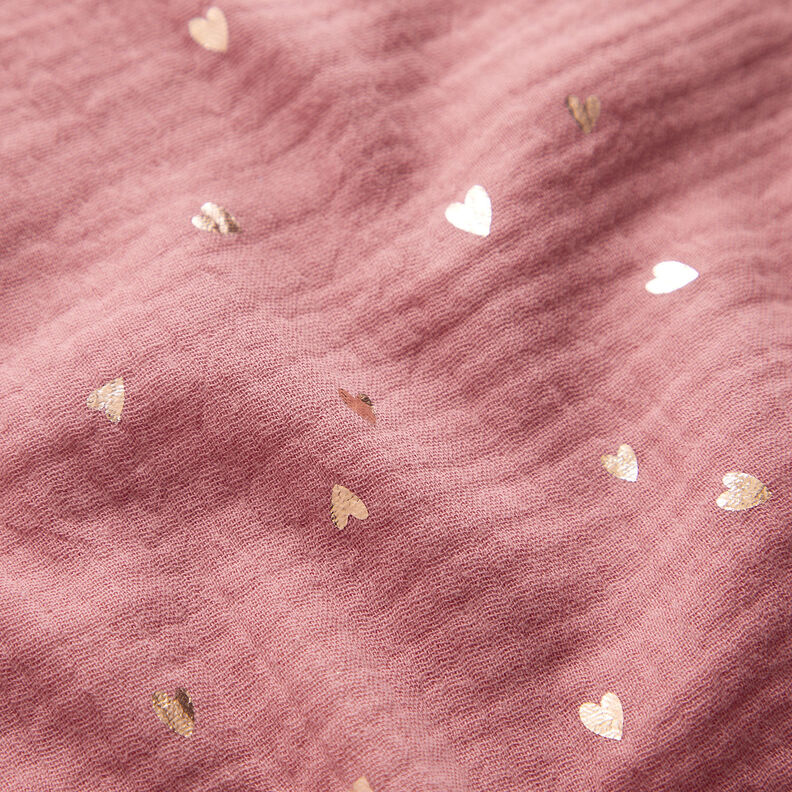 Tissu double gaze de coton Cœurs Imprimé feuille | by Poppy vieux rose foncé/or métallisé,  image number 3