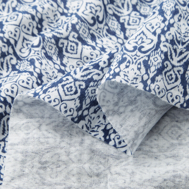 Tissu double gaze de coton Motif traditionnel – blanc/indigo,  image number 3
