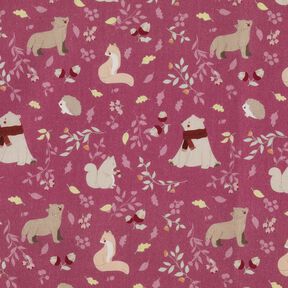 Popeline de coton bio Animaux de la forêt d’automne – pourpre, 