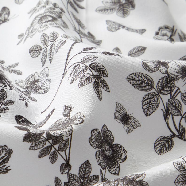 Tissu viscose Fleurs et papillons – blanc/noir,  image number 2