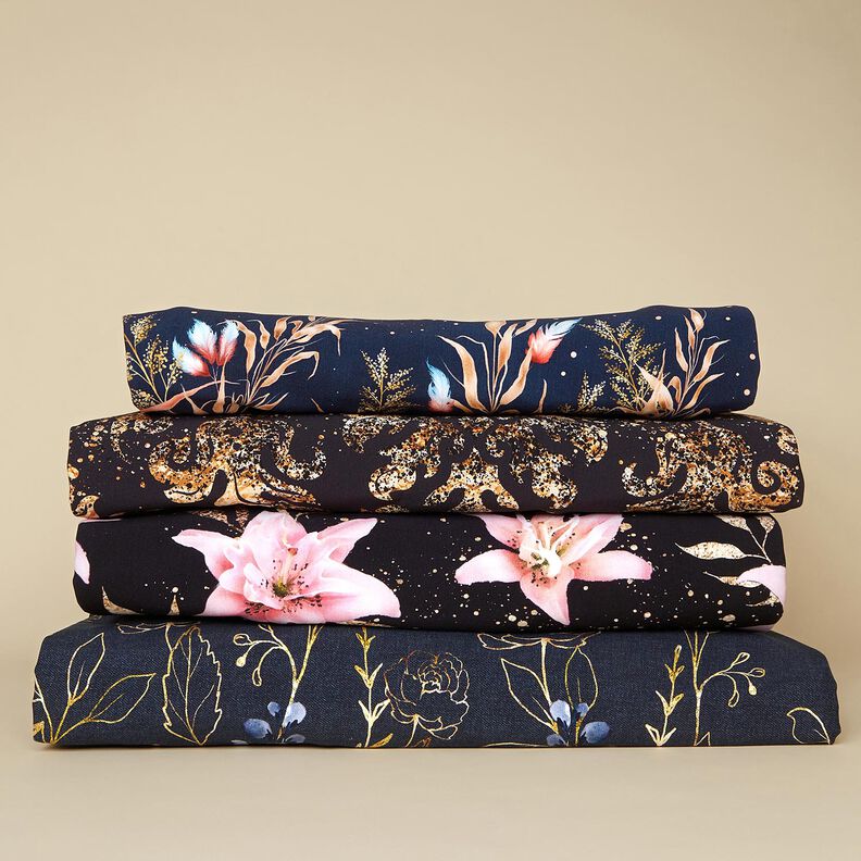 French Terry Sweat d’été Tissu bordure ornements dorés | Glitzerpüppi – noir/or ancien,  image number 5