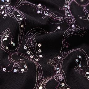 Velours à côtes fines avec fleurs en broderie et paillettes – noir, 