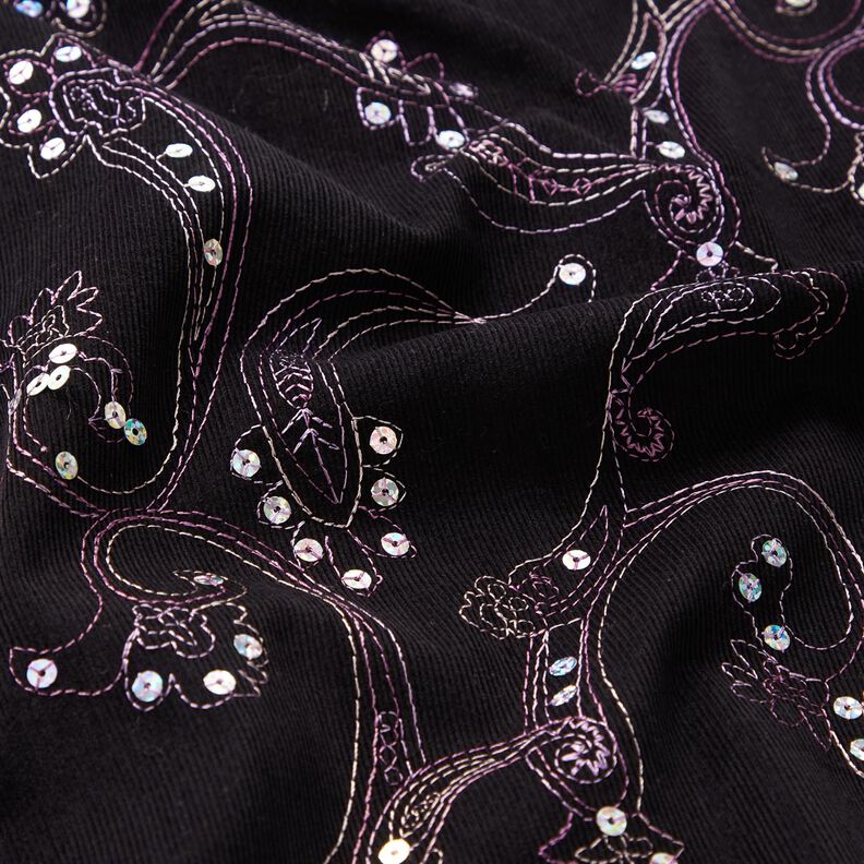 Velours à côtes fines avec fleurs en broderie et paillettes – noir,  image number 2