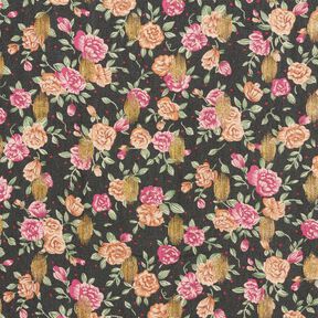 Crêpe mousseline Fleurs et pois dorés – noir, 