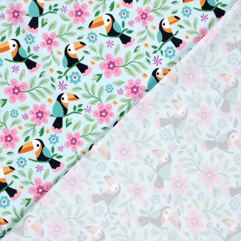Jersey coton Toucans dans la jungle fleurie – bleu bébé/orange,  image number 4