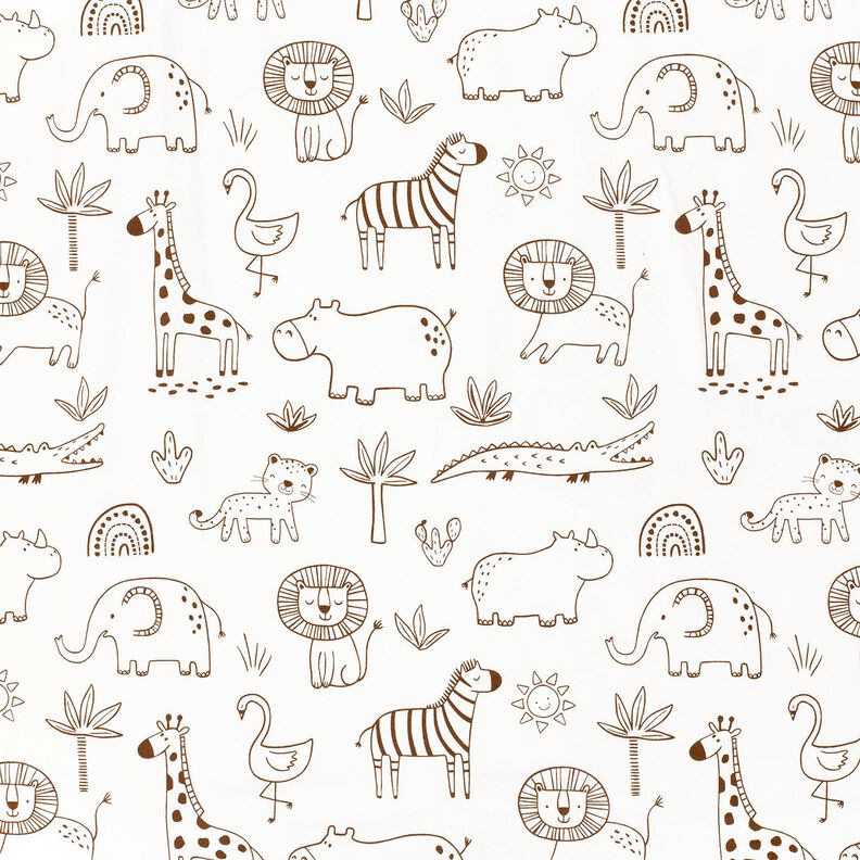 Jersey coton Animaux de la jungle dessinés – ivoire/chocolat,  image number 1