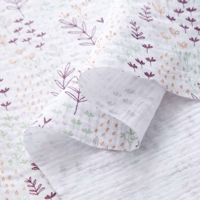 Tissu double gaze de coton Vrilles de feuilles – blanc/aubergine,  image number 3