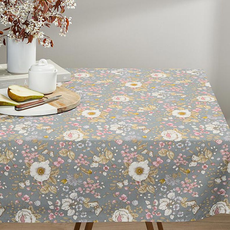 Tissu de décoration Semi-panama Jardin fleuri – bleu pigeon/rose, image number 8
