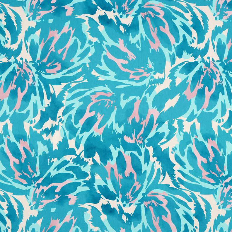 Crêpe satin pétales abstraits – turquoise/crème,  image number 1