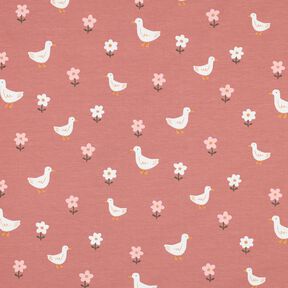 Jersey coton Oies dans la prairie fleurie | Poppy Fabrics – vieux rose foncé/blanc, 