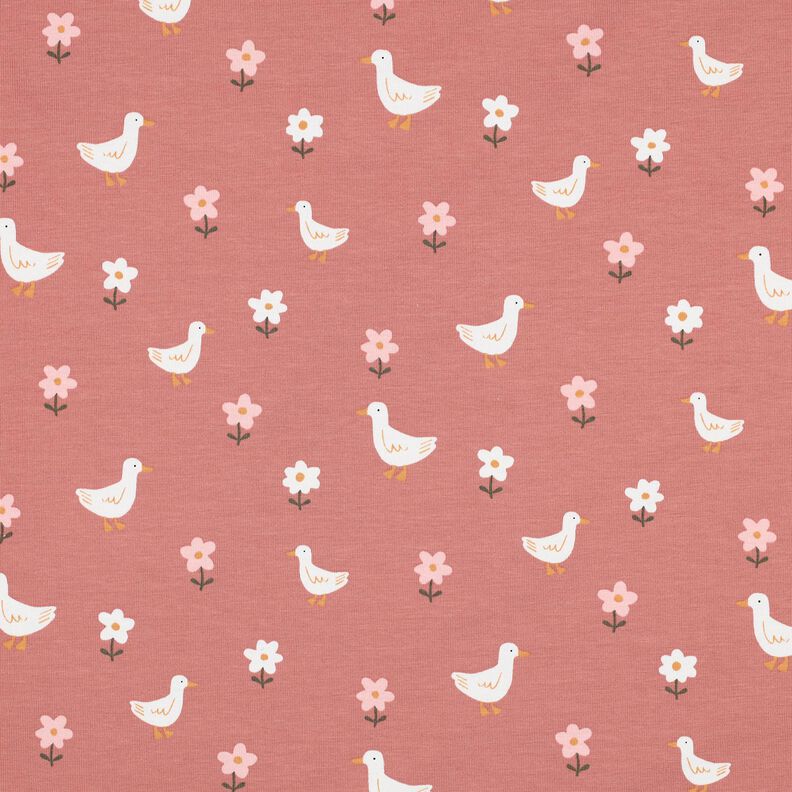Jersey coton Oies dans la prairie fleurie | Poppy Fabrics – vieux rose foncé/blanc,  image number 1