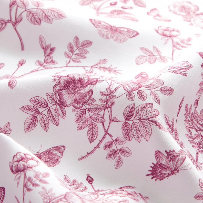 Tissu viscose Fleurs et papillons – blanc/raisin,  image number 2