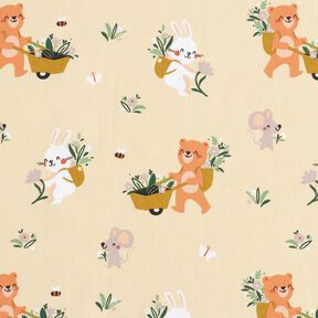 Popeline coton Animaux cueillant des fleurs – jaune vanille, 