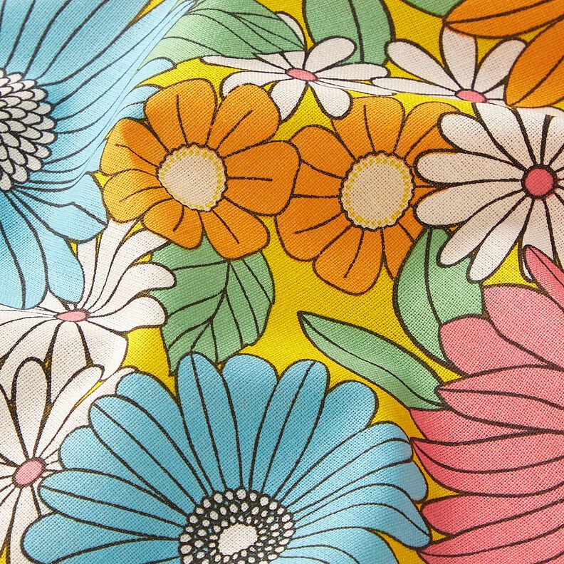 Tissu en coton Cretonne Grandes fleurs rétro – turquoise/jaune soleil,  image number 2
