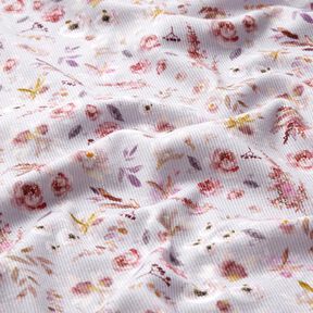 Jersey c&ocirc;tel&eacute; imprim&eacute; num&eacute;rique de fleurs sauvages d&eacute;licates &ndash; lilas pastel/lilas rouge, 