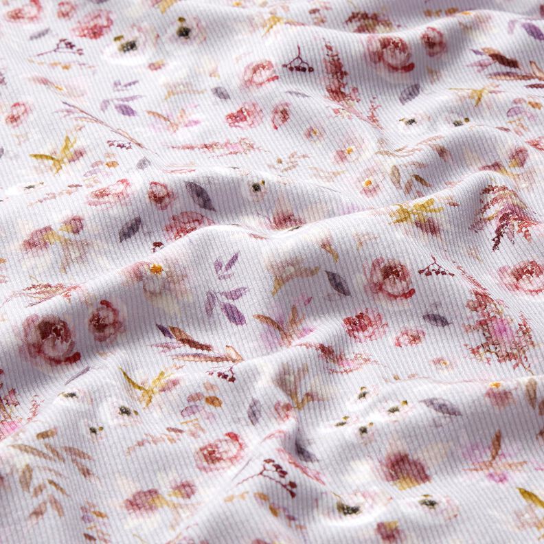 Jersey c&ocirc;tel&eacute; imprim&eacute; num&eacute;rique de fleurs sauvages d&eacute;licates &ndash; lilas pastel/lilas rouge,  image number 2