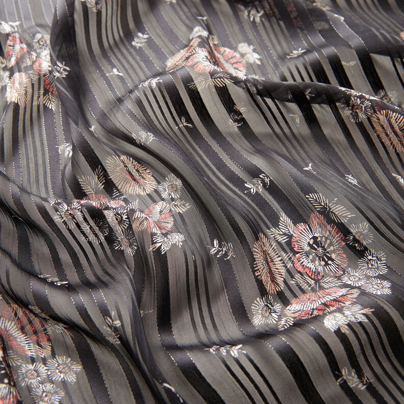 Mousseline avec rayures de satin et métallisées Fleurs – noir/blanc,  image number 2