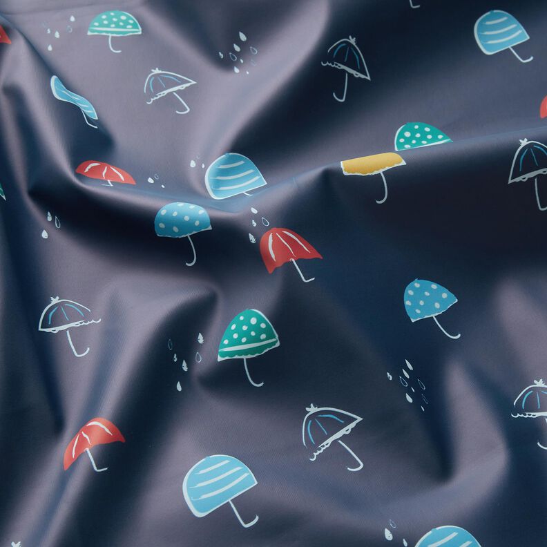 Tissu pour veste de pluie Parapluies colorés Impression numérique – bleu marine,  image number 3