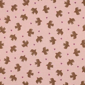 GOTS Tissu double gaze de coton Oiseaux et coeurs | Poppy Fabrics – vieux rose, 