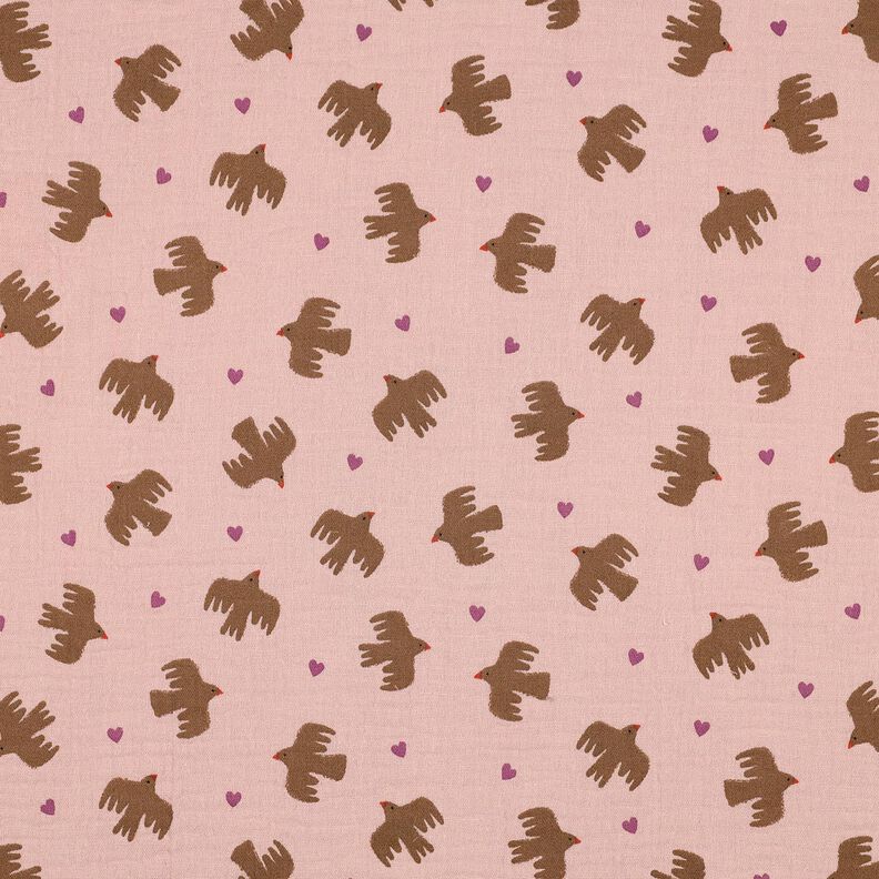 GOTS Tissu double gaze de coton Oiseaux et coeurs | Poppy Fabrics – vieux rose, image number 1