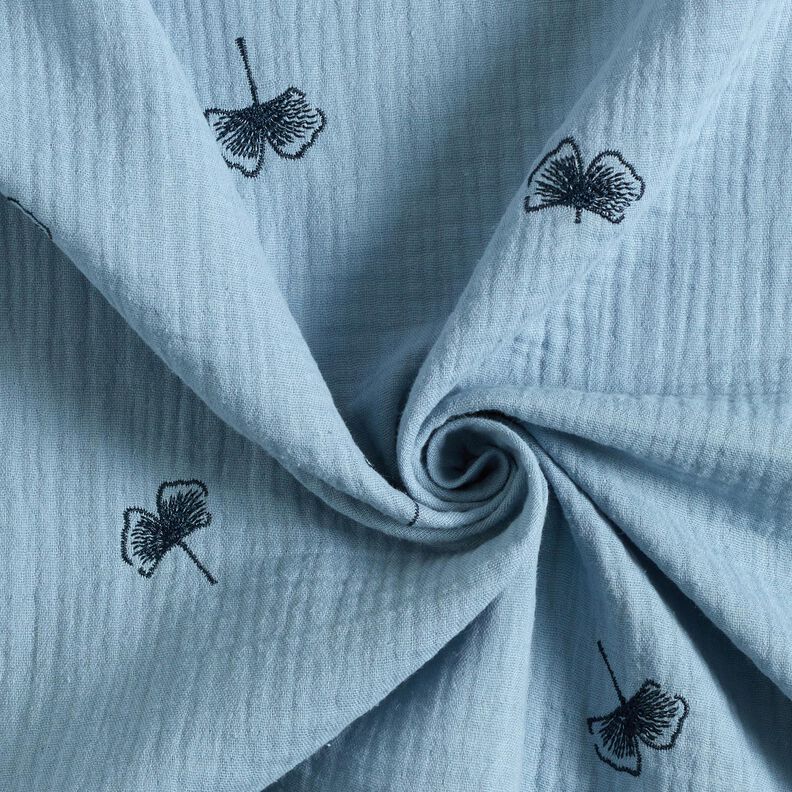 Tissu double gaze de coton Ginkgo brodé – jean bleu clair,  image number 3