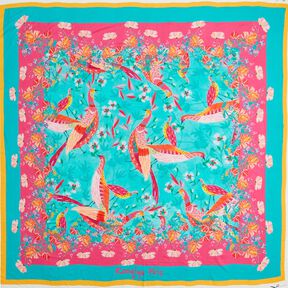 Beachwear paréo panneaux paons et fleurs – bleu aqua/rose intense, 