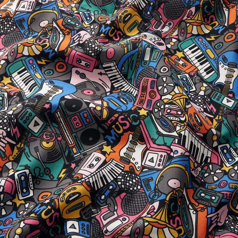 Tissu de décoration Semi-panama Instruments de musique – noir/rose vif,  image number 2