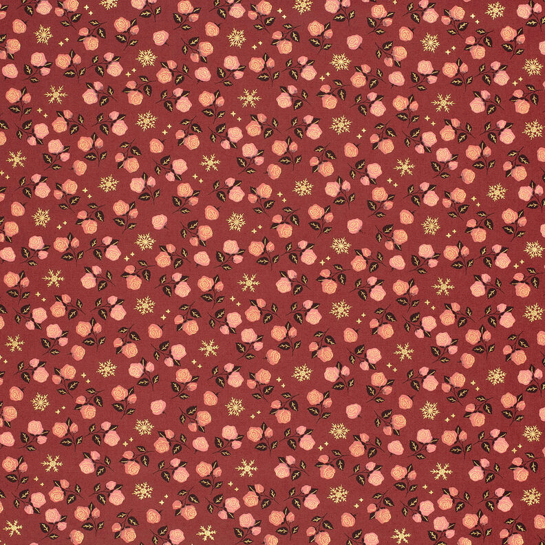 Tissu en coton Popeline Roses classiques – rouge foncé/or,  image number 6