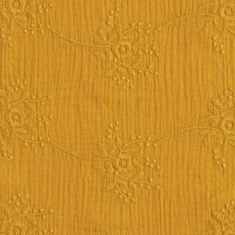 Tissu double gaze de coton Vrille florale ton sur ton – jaune curry,  image number 1