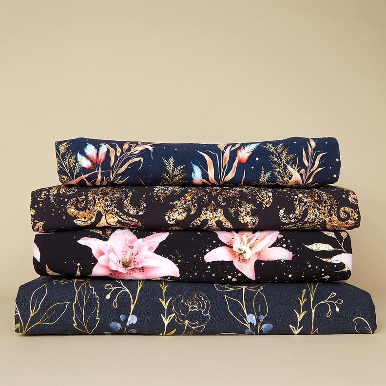 Jersey coton Tissu bordure fleurs paillettes dorées | Glitzerpüppi – bleu nuit/bleu jean,  image number 5