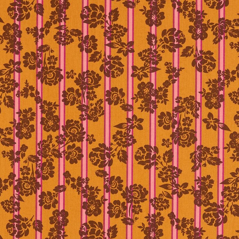 Tissu en coton Cretonne Fleurs sur rayures – jaune curry/pourpre,  image number 1