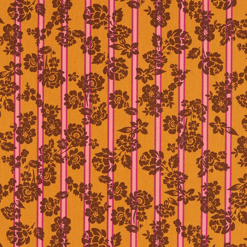 Tissu en coton Cretonne Fleurs sur rayures – jaune curry/pourpre, image number 1