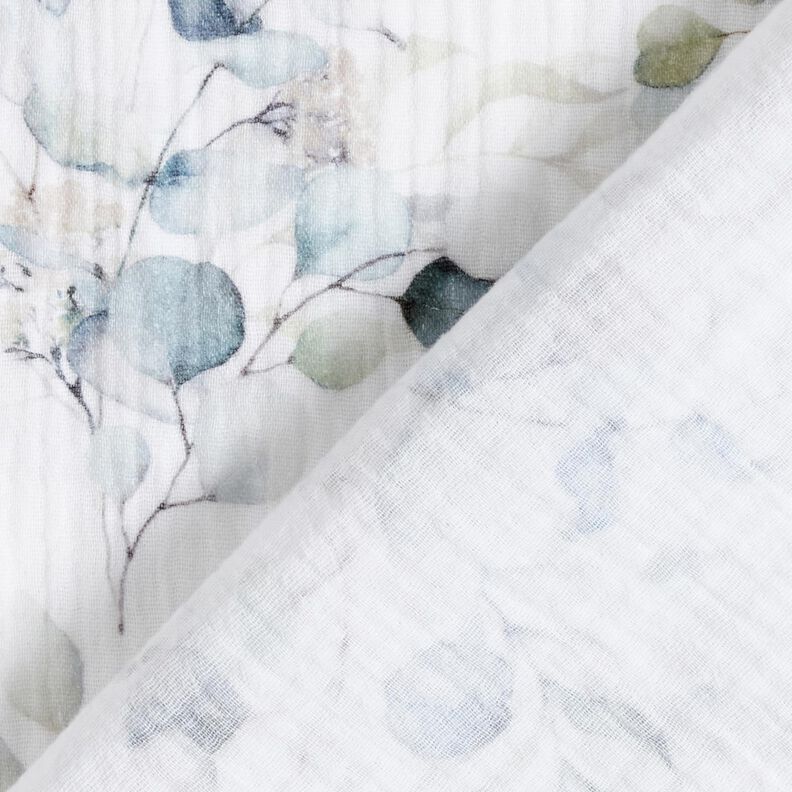 Tissu double gaze de coton Rameaux de feuilles aquarelle Impression numérique – blanc,  image number 4