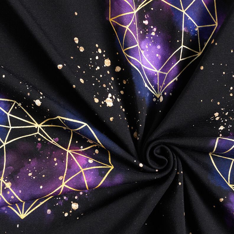 Jersey coton Coeurs en origami avec paillettes dorées | Glitzerpüppi – noir/lilas,  image number 3