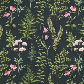 Tissu d’extérieur Canvas Blätter und Blüten – vert foncé/violet pastel, 
