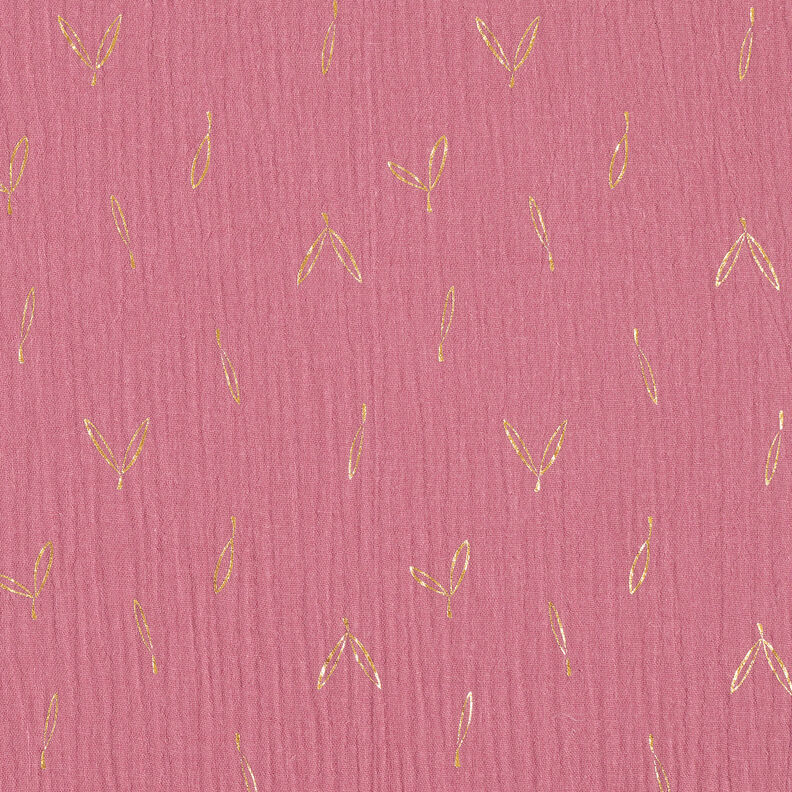 Tissu double gaze de coton Imprimé feuille Feuilles – framboise/or,  image number 1