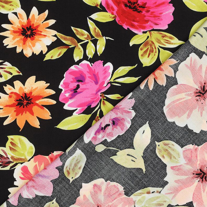 Tissu viscose Impression numérique grandes fleurs – noir/pourpre, image number 4