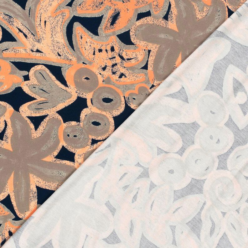 Jersey viscose Fleurs peintes – bleu nuit/orange pêche,  image number 4
