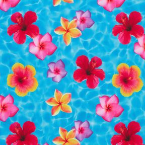 Tissus pour maillot de bain Fleurs hawaïennes – bleu/rose intense, 