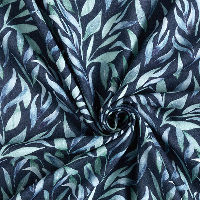 Tissu double gaze de coton Feuilles aquarelle Impression numérique – bleu marine,  image number 3