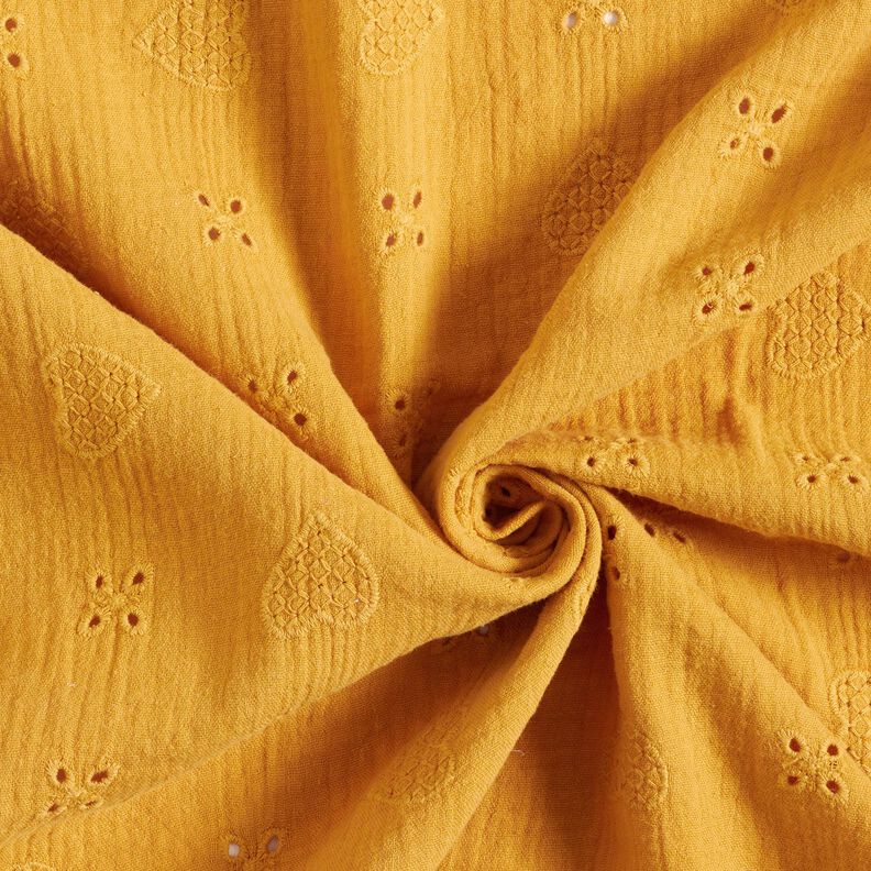 Tissu double gaze de coton Dentelle brodée Cœurs – jaune curry,  image number 3