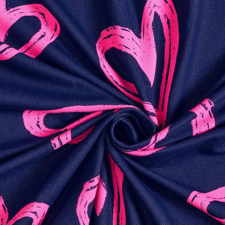 French Terry Sweat d’été Tissu look jean avec cœurs fluo – bleu nuit/rose néon,  image number 3