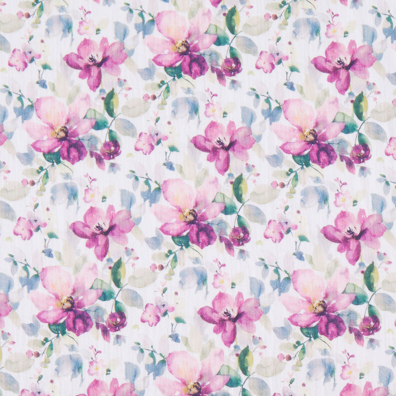 Tissu double gaze de coton Fleurs aquarelle Impression numérique | by Poppy blanc/pourpre,  image number 1