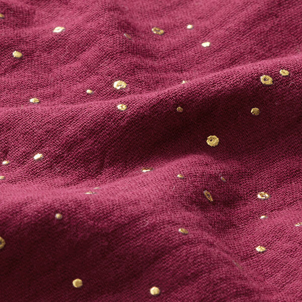 Tissu double gaze de coton taches dorées éparses – rouge bordeaux/or,  image number 2
