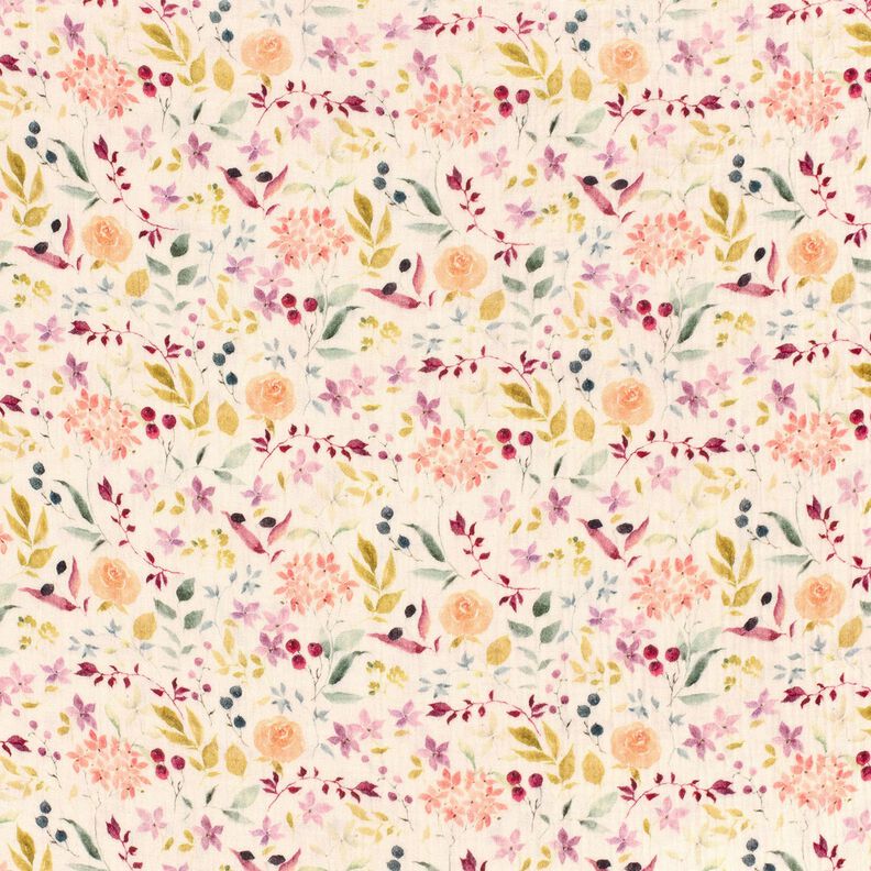 Tissu double gaze de coton Prairie fleurie aquarelle Impression numérique – crème,  image number 1
