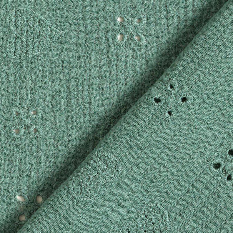 Tissu double gaze de coton Dentelle brodée Cœurs – sapin bleu,  image number 4